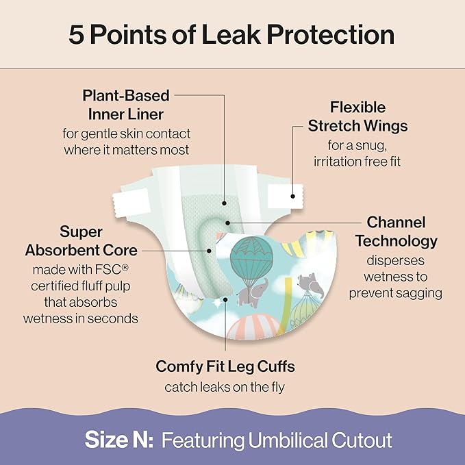 The Honest Company Clean Conscious Diapers for Delicate Skin Up to 100% Leakproof Hypoallergenic Fragrance-Free Baby Gender Neutral Prints Club Box Size Newborn 72 Count (Prints