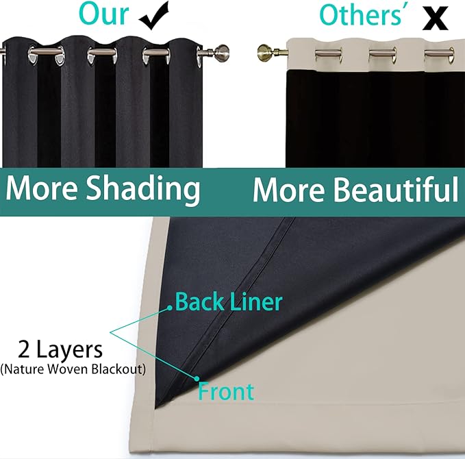 Yakamok 100% Blackout Curtains 84 Inches Long, 2 Thick Layers Heat and Full Light Blocking Soft Thermal Insulated Drapes for Bedroom(52" Wide Each Panel, Natural, 1 Panel)