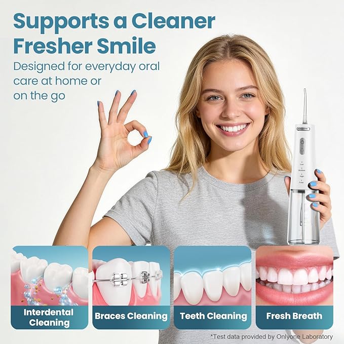 Onlyone Rechargeable Cordless Water Flosser with Adjustable Water Pressure for Daily Oral Care, Power Dental Flosser for Home and Travel Use, Portable Oral Irrigator for Sensitive Gums and Braces Care