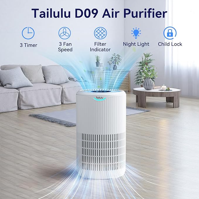 Air Purifiers for Home Large Room Up to 1500 Sq Ft, Tailulu H13 HEPA Air Filter Cleaner, Smoke Dust Pollen, 15dB Sleep Mode Air Purifiers for Bedroom Living Room, Kitchen, Office