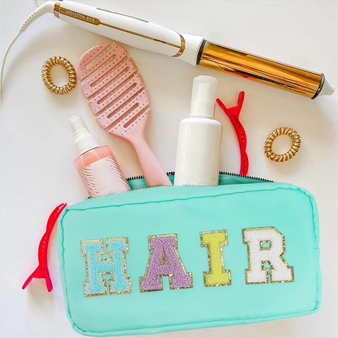 DYSHAYEN Nylon Cosmetic Bag Preppy Hair Makeup Bag for Women Travel Toiletry Organizer with Chenille Letter Patches (Mint-HAIR)