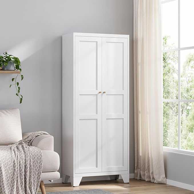 Yizosh Metal Storage Cabinet with 2 Doors and 4 Adjustable Shelves - 71" White Kitchen Pantry Storage 4-Tier Tall Steel Cabinets Locker for Kitchen, Living Room, Dining Room