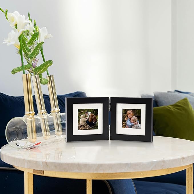 Double Hinged 4x4 Picture Frame with Real Glass-Tabletop or Wall Mounted, Display for 3x3 & 4x4 Photos (with/without Mat)-Classic Black, For Family Photos & Wedding Memories-H44X2
