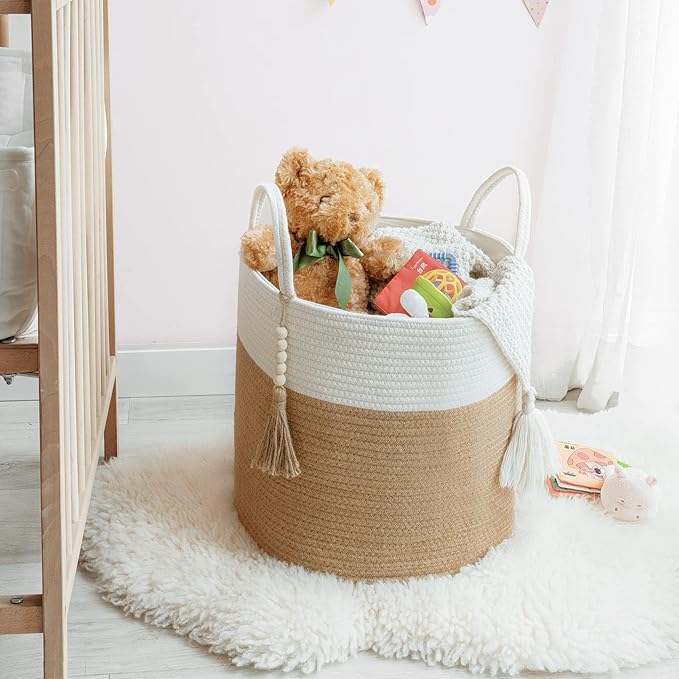 Mkono Woven Storage Basket Decorative Rope Basket Wooden Bead Decoration for Blankets,Toys,Clothes,Shoes,Plant Organizer Bin with Handles Living Room Home Decor, 15"W x 17.7”L, Cream White and Brown
