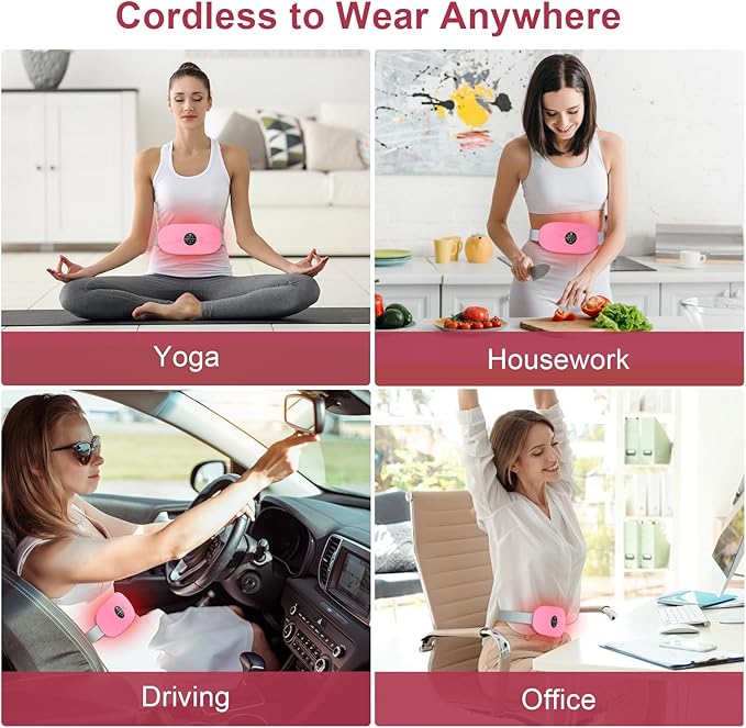 Heating Pad for Period Cramps, 3 Heat Levels and 3 Massage Modes, Portable Heating Pad for Menstrual Cramps, Cordless Electric Period Belt Back Belly Heat Pad, Pink