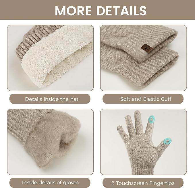 Womens Winter Beanie Hat Scarf Gloves Set, Knit Touch Screen Gloves Long Scarf Skull Caps Fleece Lined Winter Gift