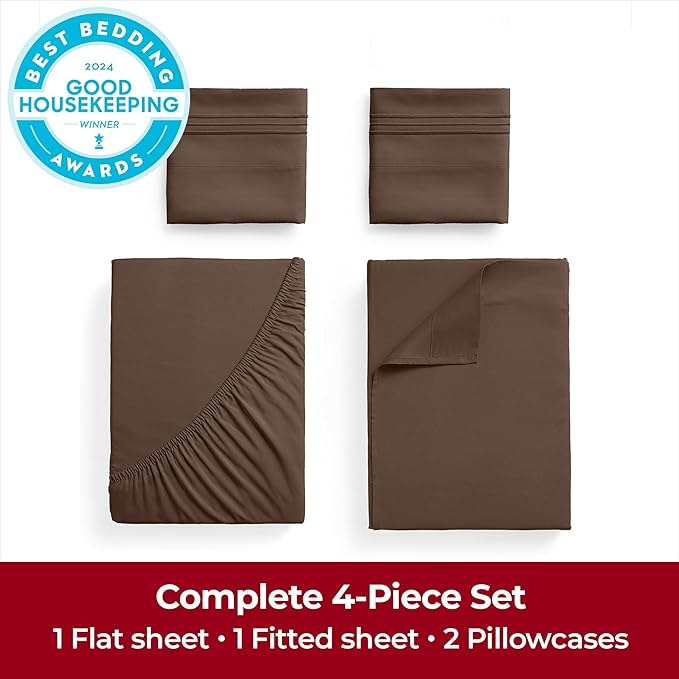 Mellanni Extra Deep Queen Sheets - 4 PC Iconic Collection Bedding - Hotel Luxury, Ultra Soft, Cooling Bed Sheets - Wrinkle, Fade, Stain Resistant (Queen, Brown)