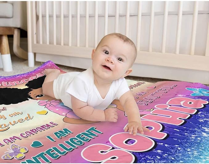 D-Story Personalized Throw Blankets with Name Custom Blankets with Text Customized Blankets for Kids Adults Women Men Personalized Black Girl Blanket Gift