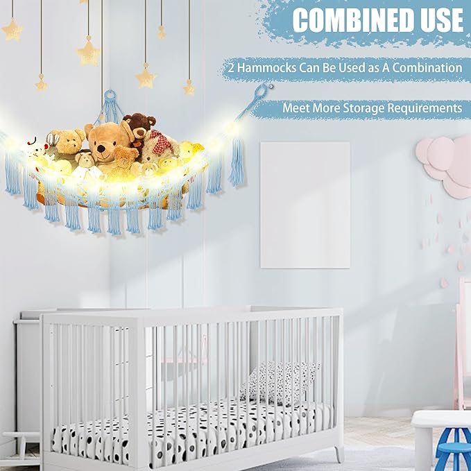 CERETIA Stuffed Animal Hammock with LED Light, Large Stuffed Animals Storage Corner Plushie Net for Kids Room Decor, Baby Blue