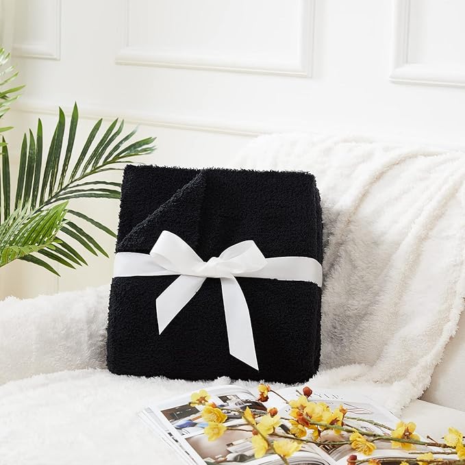 CYMULA Super Soft Knit Throw Blanket Twin Size Black-Lightweight Plush Fuzzy Fluffy Warm Cozy Blankets and Throws for Sofa Bed All Season Use, 60x80 inches