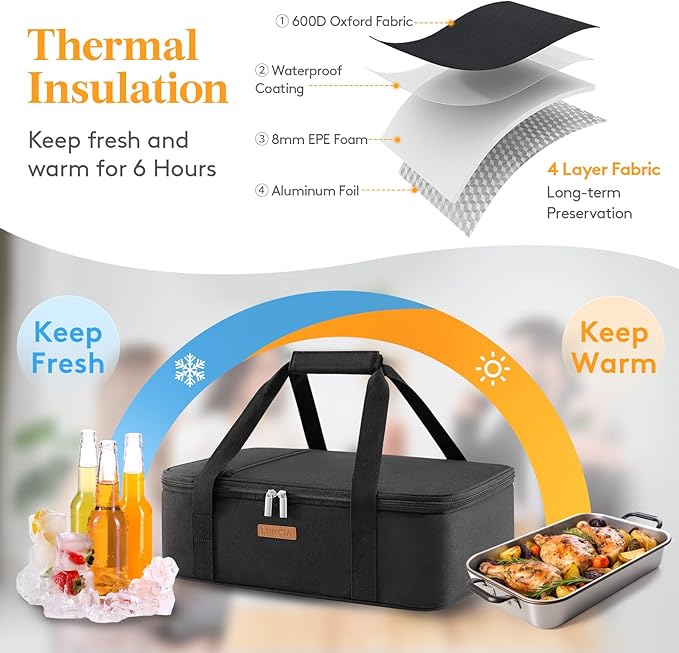 LUNCIA Insulated Single Decker Casserole Carrier, Lasagna Lugger Tote Keeps Food Hot or Cold, Thermal Lunch Bag for Potluck Parties, Picnic and Cookouts, Fits 9" x 13" Baking Dish, Black