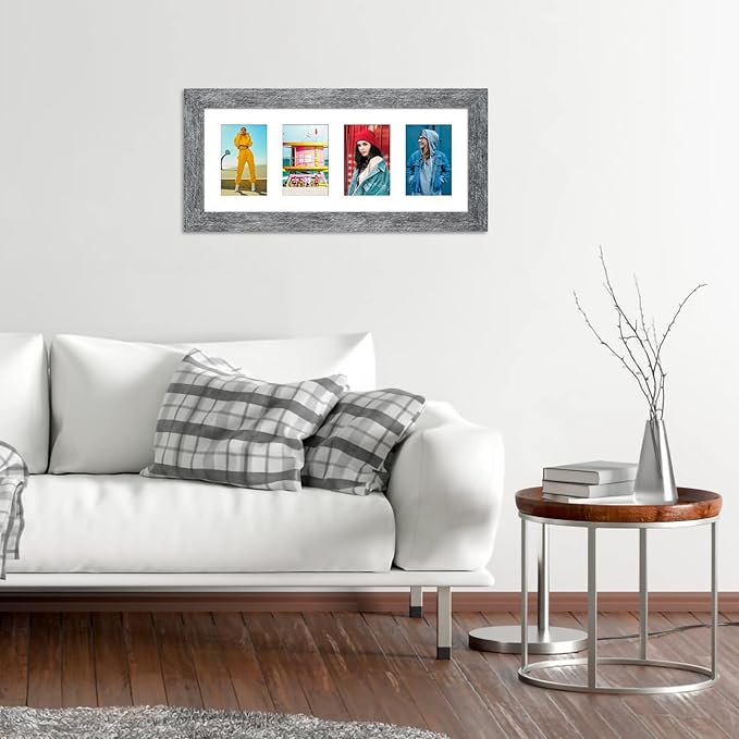 8x20 Picture Frame Display 4 opening 4X6 Picture Frame Collage,Multi Photo Frame with Mat,Plexiglass,Wall or Tabletop Decor,Grey Wood Grain