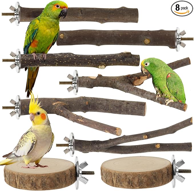 8 Pack Bird Perch, Natural Apple Wood Platforms, Hardwood Branches Cage Accessories for Parakeets, Cockatiels, Lovebirds and Other Small Birds