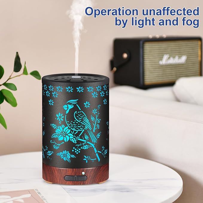 Essential Oil Diffuser- Aromatherapy Diffuser with7 Colors Light, and Auto-Off -Metal Cool Mist Humidifier for Home and Office（Red Bird）…