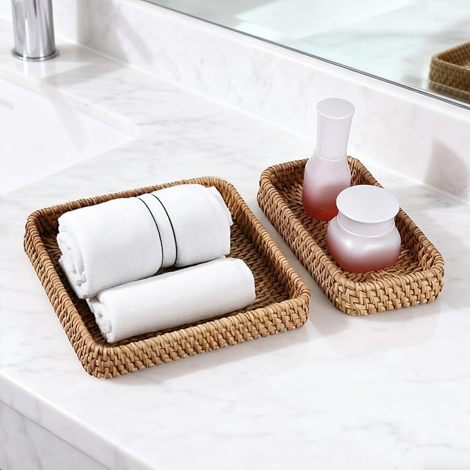 Rattan Serving Tray, 3 Pcs Rectangular Wicker Tray Set Natural Decorative Woven Trays for Fruit, Water Cups, Teacups, Snacks, Candy, Dried Fruit, Bread, Desserts (3 Sizes)