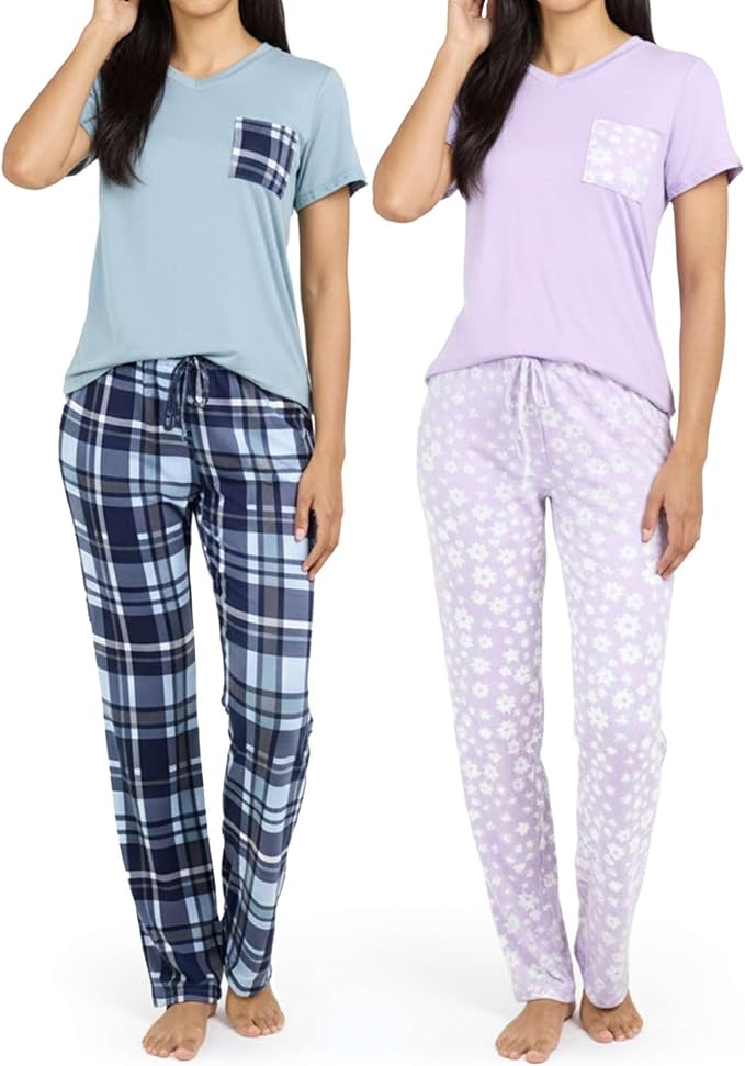 Real Essentials 2 Pack: Women's Comfy Pajama Sets - Short & Long Sleeve Ladies Loungewear Sleepwear PJs (Available In Plus)