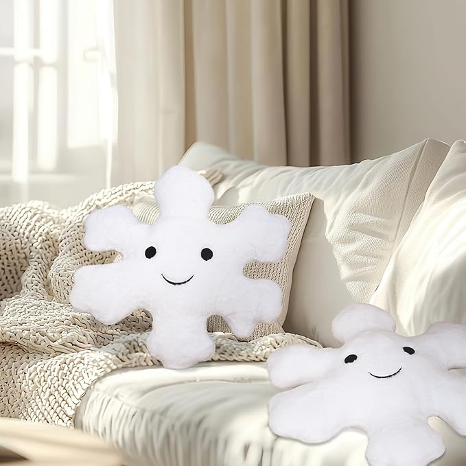 Whaline 2Pcs Christmas Snowflake Pillows Cute Winter Snowflake Shaped Throw Pillow Decorative Xmas White Plush Pillow for Home Office Couch Sofa Bed Decor