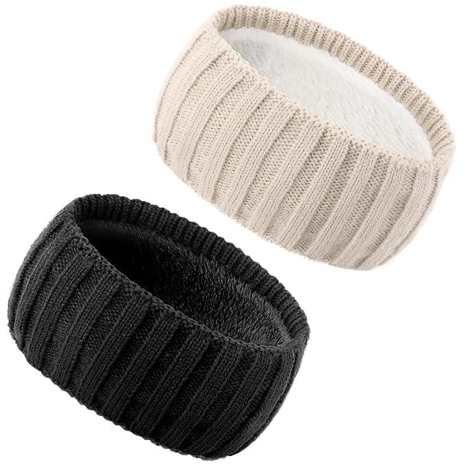 AQOKKA Knit Winter Headbands for Women Fuzzy Wool Fleece Lined Ear Warmers Elastic Turban Crocheted Head Wrap Winter Accessories for Women Cold Weather