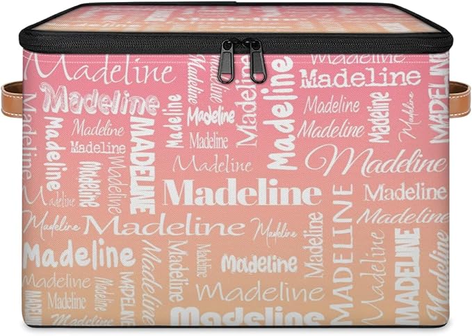 Custom Storage Basket with Name, Personalized Keepsake Box with Zipper Lid, Foldable Fabric Memory Bin Large capacity with Handle Pink Apricot