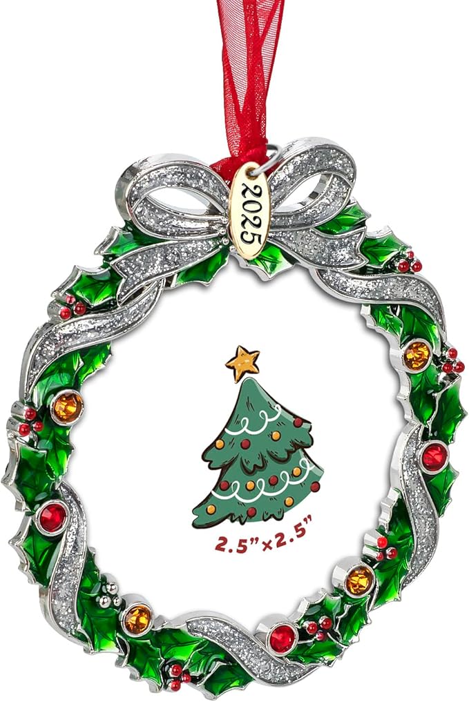 Christmas Tree Ornament Picture Frame Metal Hanging Pendant Holiday 2.5" Photo Frame Charm Decorative of Pets, Baby First Christmas, Family (2025 Christmas Wreath)