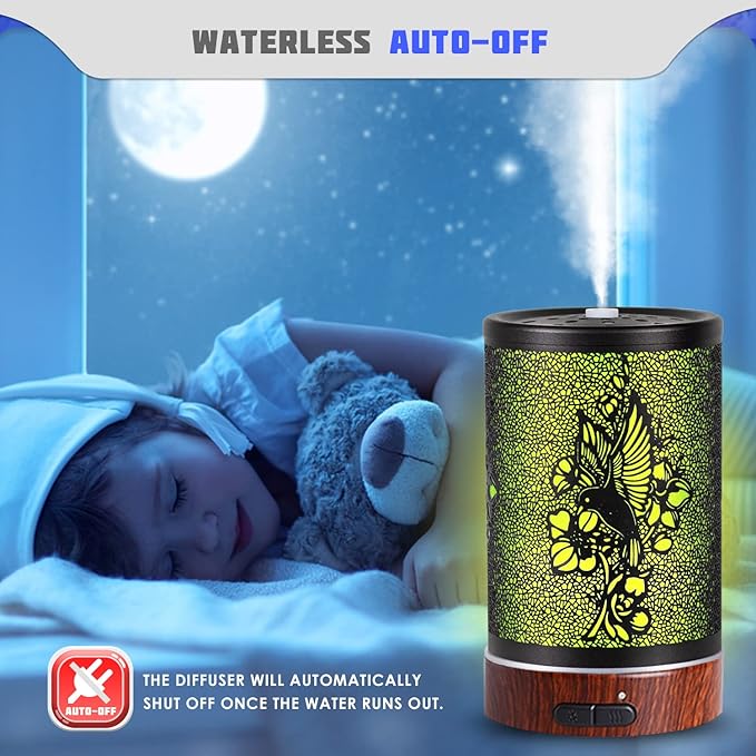 Essential Oils Diffuser,Aromatherapy Diffuser,Birthday Gifts for Women Mom Grandma,Metal Cool Mist Humidifier with 7 Colors Lights Waterless Auto Off Air Diffusers (A-Hummingbird)