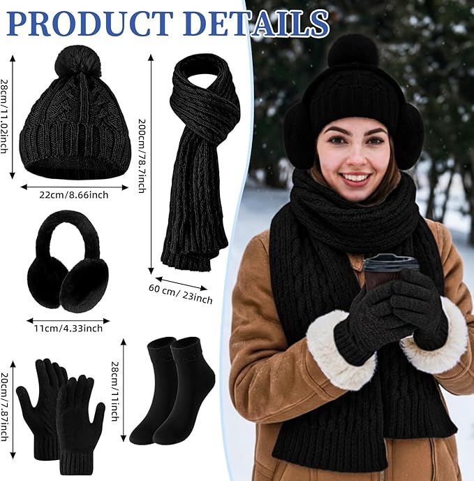 Geyoga 6 Pcs Winter Warm Set for Women Warm Beanies Hats Touchscreen Gloves Long Scarf Ear Muffs Socks Winter Gifts for Women