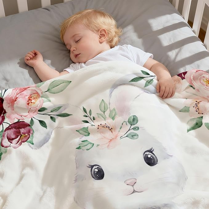 Lovely Bunny Baby Girl Blankets with Name, Personalized Baby Blankets for Girls Newborn and Toddler, Customized Baby Blankets Super Soft Breathable Fleece “30x40