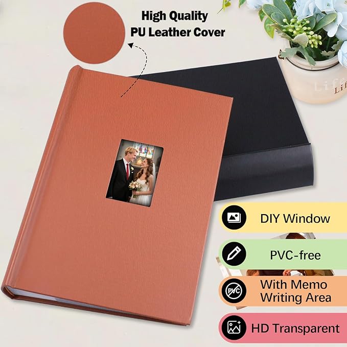 Ruibytree Photo Album 4x6 450 Photos with Writing Space,PU Leather Cover with Front Window Picture Album,4 x 6 Photo Book for Wedding Kids Travel Family Baby Vacation Couple (Brown)