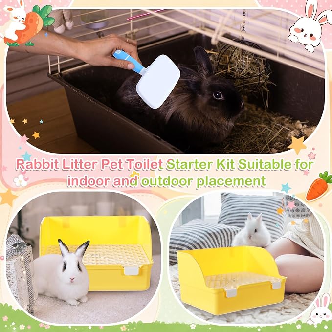 Reallnaive 15 Pcs Rabbit Starter Kit Small Rabbit Litter Box Girls Gift Animal Grooming Kit Bunny Toys Bowl Blankets with Cleaning Set for Guinea Pig Accessories(Yellow)