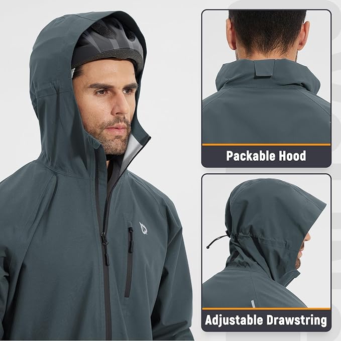 baleaf Men's Rain Jacket Waterproof Windbreaker Raincoat Running Cycling Hiking Gear Hood Lightweight Reflective Packable