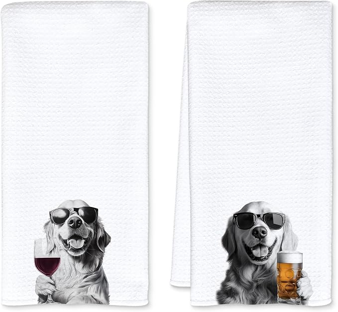 Funny Golden Retriever Kitchen Towels Set of 2, Funny Kitchen Decor, Wine Station Wine Bar Decor, Golden Retriever Owner Gift Hand Towel, Dining Room Decorative Tea Towel Dish Towels 16x24 Inch