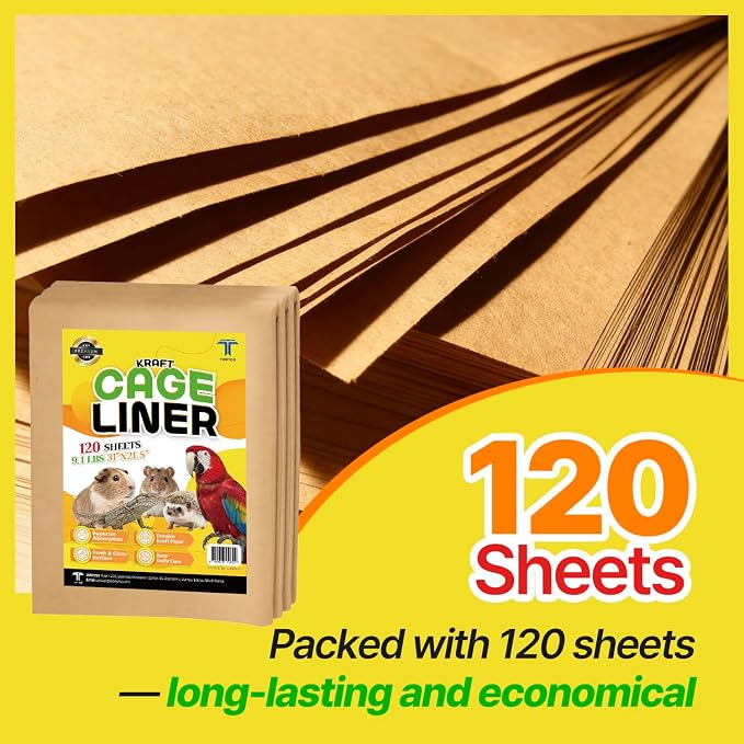 T TORTO9 Kraft Bird Cage Liners 31 x 21.5 Inch, 120 Sheets, Absorbent Paper Tray Liners for Large Bird Cages, Pre-Cut Disposable Cage Bottom Liners
