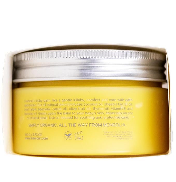 Lhamour Baby Balm 100% Natural Hand Made, 3.53oz Diaper Rash Cream for Baby with Organic Shea Butter, Beeswax, Coconut, Olive, Carrot Oils – Soothing All Purpose Oinment for Sensitive Baby Skin