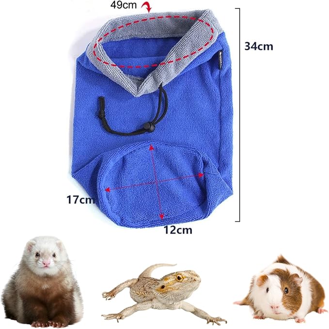 Ferret Bath Towel Bag Fast Drying Absorbent Bathrobe Adjustable Drawstring Bath Robe Small Animal Grooming Accessories for Rabbit Guinea Pig Hamster Cat (Blue)