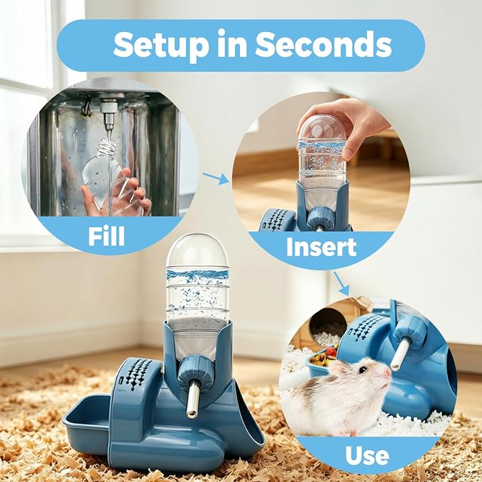 VANNON 3-in-1 Hamster Water Bottle with Food Bowl & Hideout Base, Blue | 3-in-1 feeding station combines water, food and hideout space to help keep hamster cages organized and easy to maintain.