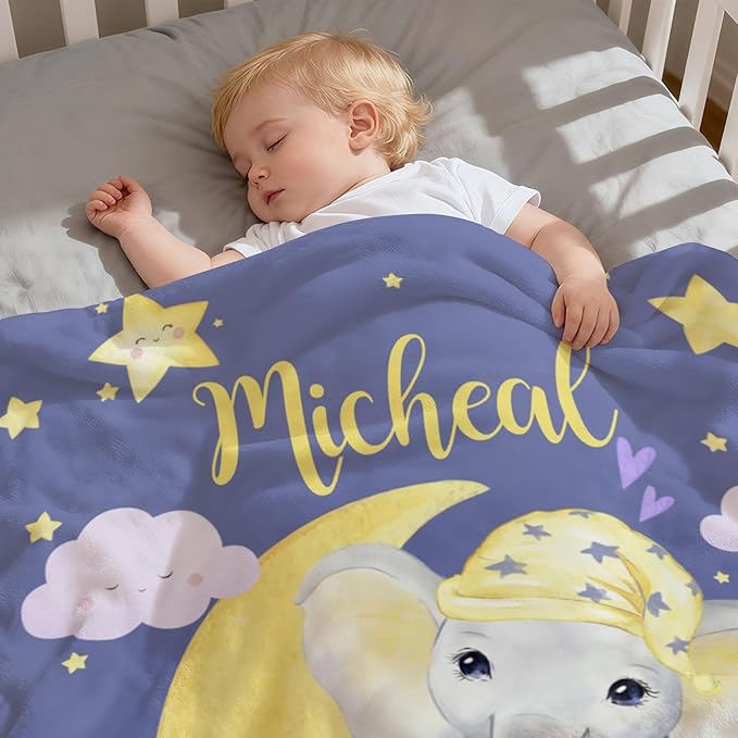Personalized Baby Blanket with Name, Customized Soft Animals Flannel Blankets for Newborn Boys Girls and Toddlers, for New Mom, Infant Birthday Gift, Elephant-1