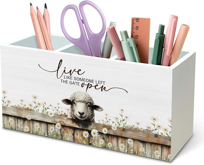 DILSJ Sheep Inspirational Pen Pencil Holder Organizer for Desk, Sheep Gifts, Live Like Someone Left the Gate Open Wooden Box Signs for Home Office Desk Tabletop Decoration