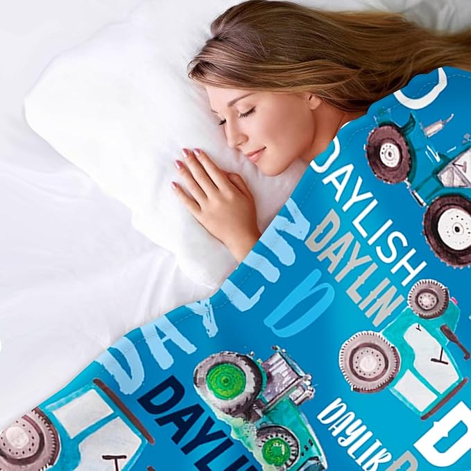 Personalized Tractors Blanket - Custom Name with Farm Tractor Trucks Design - Soft Plush Flannel Bed Blanket for Baby Kid Teen Boys Girls Customized Gifts Blue