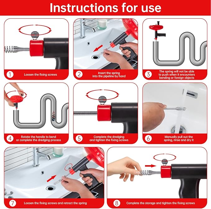 Drain Snake Flexible Steel Drain Auger With Drill Adapter Manual Or Powered Toilet Snake for Bathtub Drain, Bathroom Sink, Kitchen Cleaning with Gloves(30ft/9M-Red)