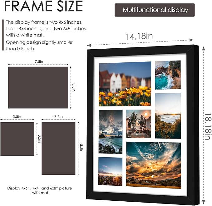 13x17 Picture Frame, Collage Picture Frame, Display Includes Three 4x4 Photos, Two 4x6 Photos and Two 6x8 Photos, for Available Horizontal Wall Mounting Display and Vertical, Black.