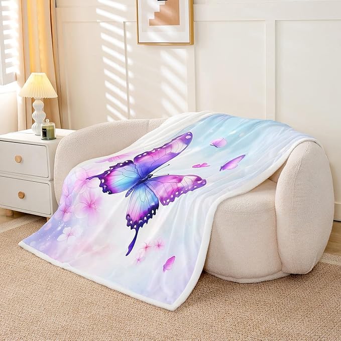 Feelyou Purple Blue Butterfly Fleece Throw Blanket Queen 90"x90" Kids Girls Sherpa Blanket Plush Fuzzy for Bed Couch Chair Living Room, Floral Flower Bed Blanket Cute Watercolor Room Decor