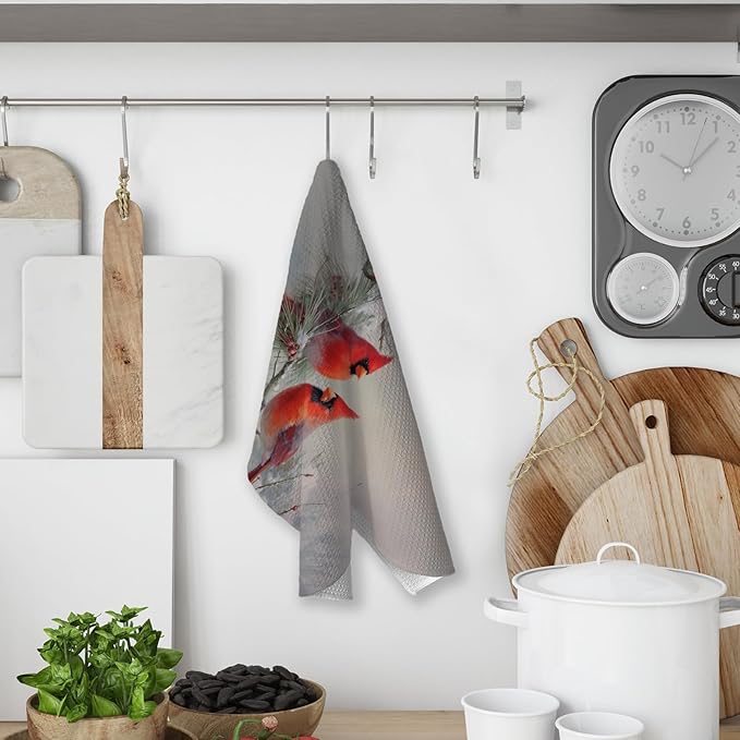 Winter Christmas Cardinal Snowy Woodland Kitchen Hand Towels,Red Bird Holly Berries Dish Towels for Kitchen Home,Vintage Rustic Winter Hand Towel Decorative Set for 2
