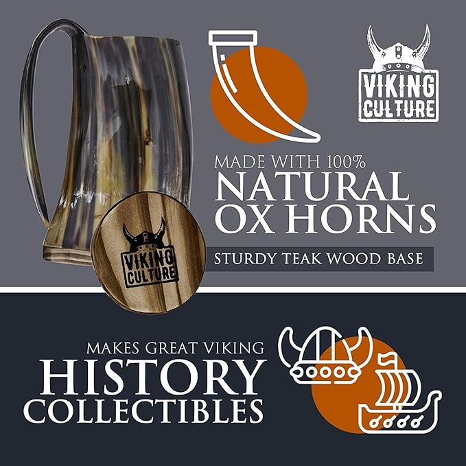 Viking Culture Ox Horn Mug, Shot Glass, and Bottle Opener (3 Pc. Set) Authentic 16-oz. Ale, Mead, and Beer Tankard | Vintage Stein with Handle | Polished Finish | Diagonal Stripes