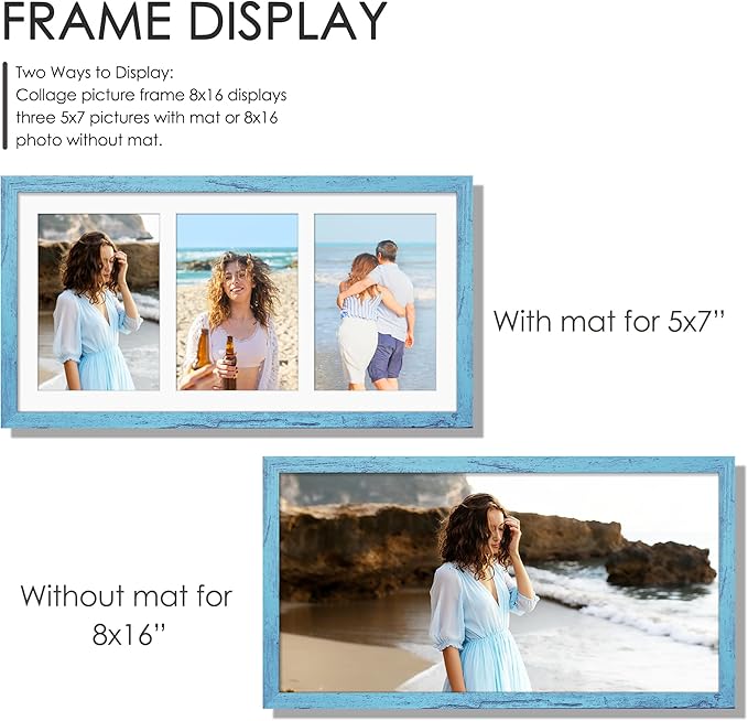 8x16 Collage Picture Frame 5x7 Collage Picture Frame Displays Three 5x7 inch Photos or 8x16 (Without Mat) for Available Horizontal Wall Mounting Display and Vertical Blue