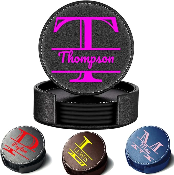 Custom Name Coasters, Personalized Set of 5 Leather Coaster with Holder, Customize Split Monogram, Non-Slip Heat Resistant Waterproof for Coffee Table Bar Beer Wine Cup Housewarming Wedding Party Gift