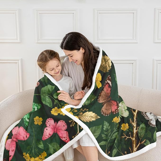 Feelyou Girls Butterfly Fleece Throw Blanket Baby 30"x40" Kids Botanical Leaves Sherpa Blanket Plush Fuzzy for Bed Couch Chair Living Room, Beautiful Flower Bed Blanket Green Room Decor