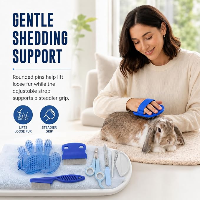 Rabbit Grooming Kit, 7-Piece Bunny Brush and Nail Care, Blue | 7 tools for loose fur, combing, light tangles and nail care; for rabbits, guinea pigs, hamsters and ferrets