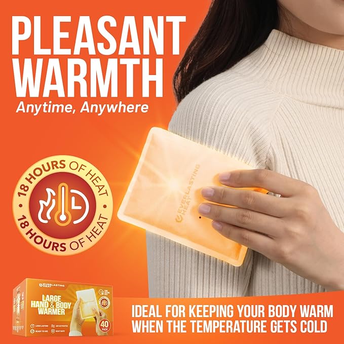 XL Hand Warmers & Body Warmers 40 Pack - Up to 18 Hours of Long Lasting Warmth and Hot Hands - Easy Air Activation for Hands, Body and Feet - TSA Approved