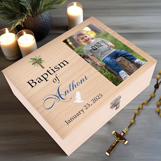 Personalized Pine/Walnut Keepsakes Baptism Gifts Wooden Box, First Communion Gifts for Boys/Girls, Personalized Wood Storage Engraved Keepsake Box for Baptism