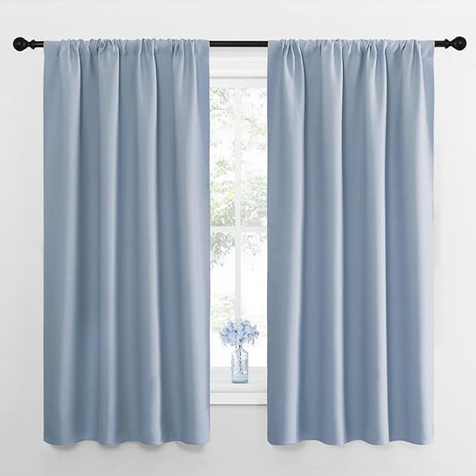 NICETOWN Kitchen Curtains, Short Blackout Drapes, Vintage Blue, 34 in x 45 in (W x L), Set of 2, Thermal Insulated Rod Pocket Window Treatment Draperies for Nursery